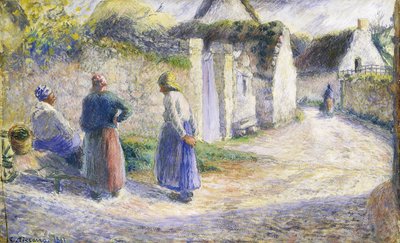 Landsbygade med tre personer til højre af Camille Jacob Pissarro