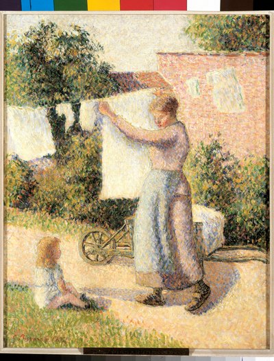 Kvinde strækker linned Maleri af Camille Pissarro (1830-1903) 1887. Dim. 0,41 x 0,32 m Paris, musee d