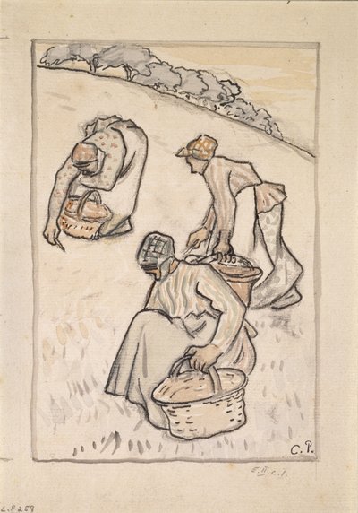 Kvinder, der luger græsset (pen og indisk blæk med wc over trækul på papir) af Camille Jacob Pissarro