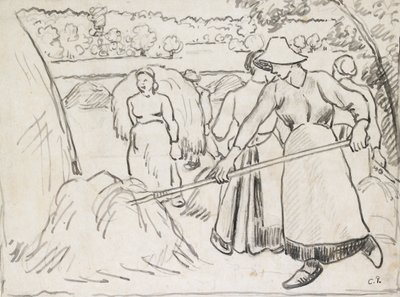 Kompositionsstudie af mejetærskere i et landskab, c1893 af Camille Pissarro