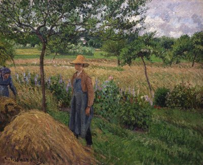 Gartner stående ved en høstak, overskyet himmel, Eragny, 1899. af Camille Pissarro