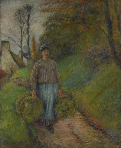Bondekvinde, der bærer to bundter hø af Camille Pissarro