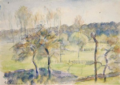Forår (akvarel over sort kridt på papir) af Camille Pissarro