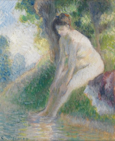 Kvinde, der sidder på flodbredden, ca. 1895 (gouache om bord) af Camille Pissarro
