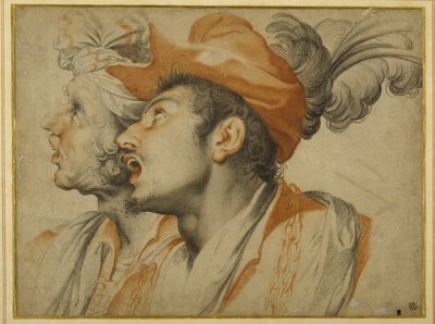 Grotesquerie af to moderigtigt klædte mænd, der synger (sort og rødt kridt på hvidt papir) af Camillo Procaccini