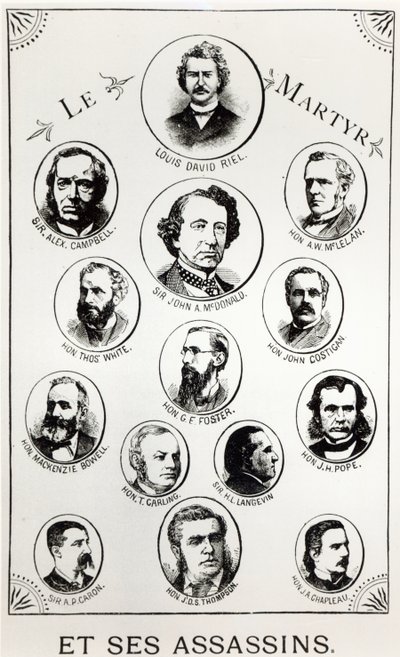 Louis Riel (1844-85) og hans lejemordere, illustration fra Le Gibet de Regina, udgivet 1886 af Canadian School
