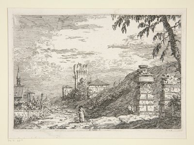 Landskab med tårn og to ødelagte søjler, fra serien Vedute (Views) af Canaletto (Giovanni Antonio Canal)