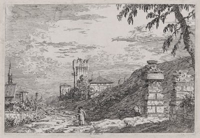 Landskab med tårn og to ødelagte søjler, fra serien Vedute (Views) af Canaletto (Giovanni Antonio Canal)