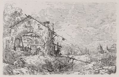 Landskab med en kvinde ved en brønd, fra serien Vedute (Views) af Canaletto (Giovanni Antonio Canal)