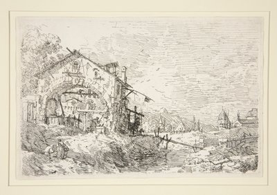 Landskab med en kvinde ved en brønd, fra serien Vedute (Views) af Canaletto (Giovanni Antonio Canal)