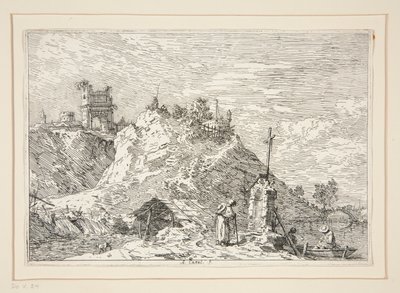 Landskab med pilgrimen ved bønnen, fra serien Vedute (Views) af Canaletto (Giovanni Antonio Canal)