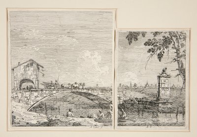 Vognen passerer over en bro [og] Det lille monument (under et træ), fra serien Vedute (Udsigter) af Canaletto (Giovanni Antonio Canal)