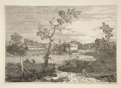 Udsigt over en by på en flodbred, fra serien Vedute (Views) af Canaletto (Giovanni Antonio Canal)