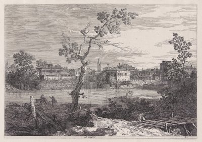 Udsigt over en by på en flodbred, fra serien Vedute (Views) af Canaletto (Giovanni Antonio Canal)