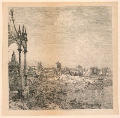Udsigt over en by med en bispegrav af Canaletto