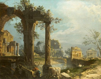 Canaletto - En capriccio-udsigt med ruiner 1742-44 af Canaletto