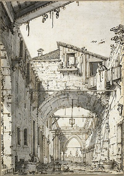 Capriccio: A Street Crossed by Arches (recto) Skitser af døråbning, trappe og anden sal i bygningen (verso) af Canaletto