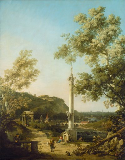 Engelsk Landskab Capriccio med en søjle, ca. 1754. af Canaletto