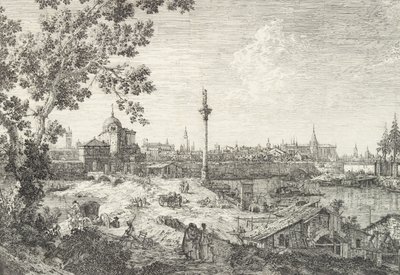Imaginær udsigt over Padova, med en kirke med en kuplet kirke til venstre, en søjle overgået..., 1735-46. af Canaletto