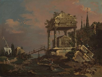 Imaginær udsigt med en grav ved lagunen, begyndelsen af 1740