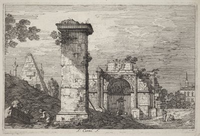 Landskab med ruinerede monumenter af Canaletto