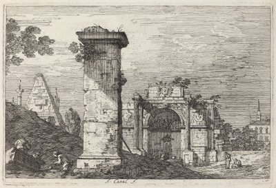Landskab med ødelagte monumenter, ca. 1740. af Canaletto