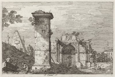 Landskab med ødelagte monumenter [til højre] af Canaletto