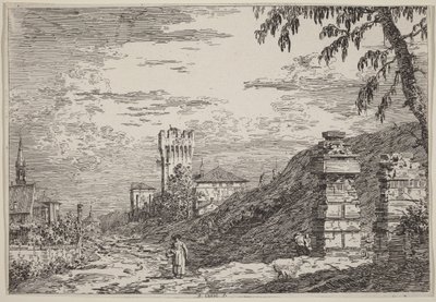 Landskab med tårn og to forfaldne søjler af Canaletto