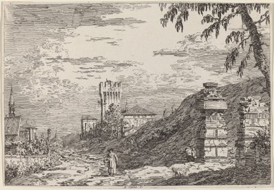 Landskab med tårn og to ødelagte søjler, ca. 17351746. af Canaletto