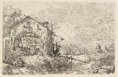 Landskab med en kvinde ved en brønd, ca. 1740. af Canaletto