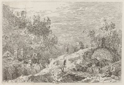 Bjerglandskab med fem broer af Canaletto