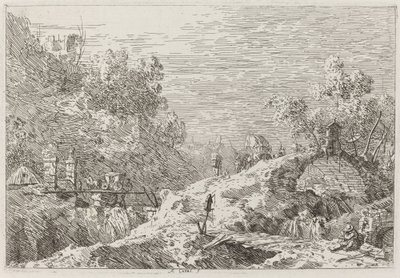 Bjerglandskab med fem broer [nederst til højre], ca. 17351746. af Canaletto
