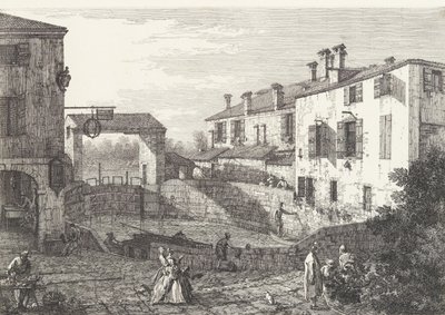 The Locks at Dolo, et ovalt bassin med både i midten, bygninger på begge sider,..., 1735-46. af Canaletto