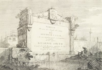 Titelblad med en stor mur af en klassisk ruin, med en figur siddende til højre i..., 1735-46. af Canaletto