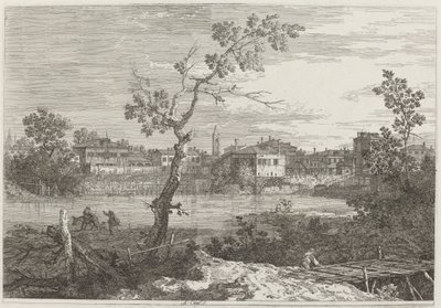 Udsigt over en by på en flodbred af Canaletto