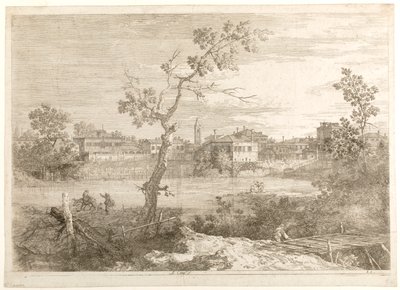 Udsigt over en by ved en flodbred, fra serien «Udsigter» af Canaletto