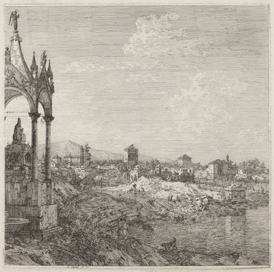 Udsigt over en by med en bispegrav af Canaletto