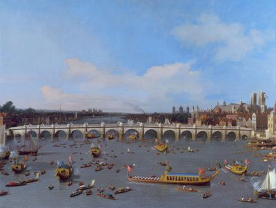 Westminster Bridge, med overborgmesterens optog på Themsen af Giovanni Antonio Canal