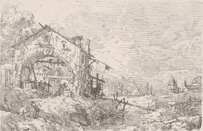Kvinde trækker vand fra en brønd under en arkade til venstre, med et landskab til højre, 1..., 1717-68. af Canaletto