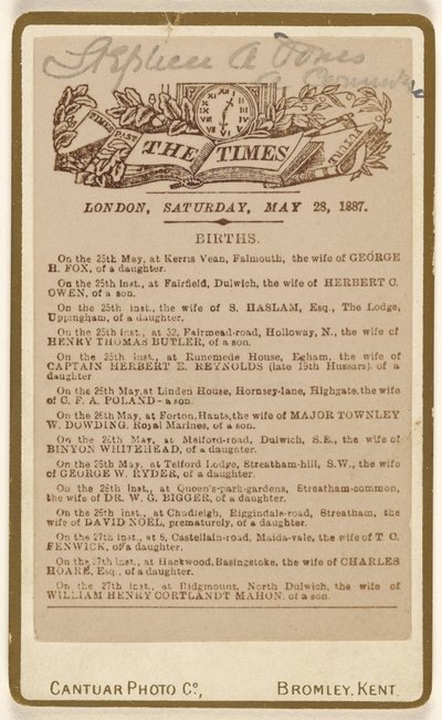 [Fødselsannonce fra "The Times", London, lørdag den 28. maj 1887]. af Cantuar Photographic Company