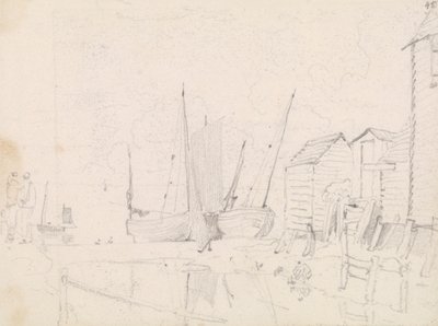Skitse af strandede sejlbåde og styltehytter, Hastings af Capt. Thomas Hastings