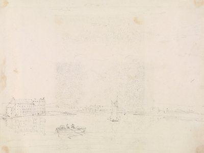 Skitse af både og en stor bygning fra den anden side af Medina-floden af Capt. Thomas Hastings