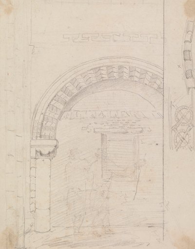Skitse af figurer, der står under en stenbue af Capt. Thomas Hastings