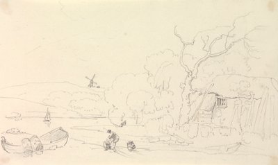 Skitse af et sommerhus ved floden med en vindmølle i det fjerne af Capt. Thomas Hastings