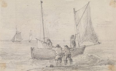 Skitse af en gruppe, der forbereder sejlene nær kysten, Hastings af Capt. Thomas Hastings