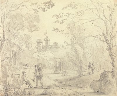 Skitse af en parkscene med East Cowes Castle i det fjerne, Isle of Wight af Capt. Thomas Hastings
