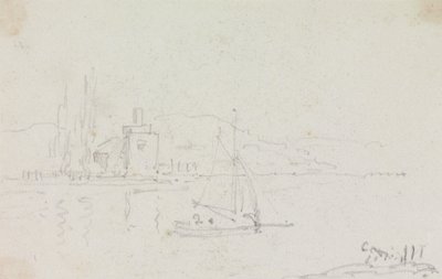 Skitse af en sejlbåd og en bygning på kysten af Capt. Thomas Hastings