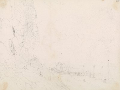 Skitse af en kystby nær en klippe af Capt. Thomas Hastings