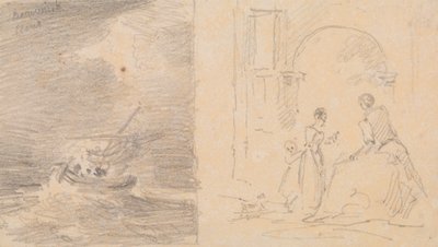 Skitse af et skib i en storm og skitse af en familiegruppering ved en bue af Capt. Thomas Hastings