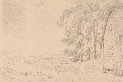 Skitse af en stråtækt bygning og en flod hinsides af Capt. Thomas Hastings